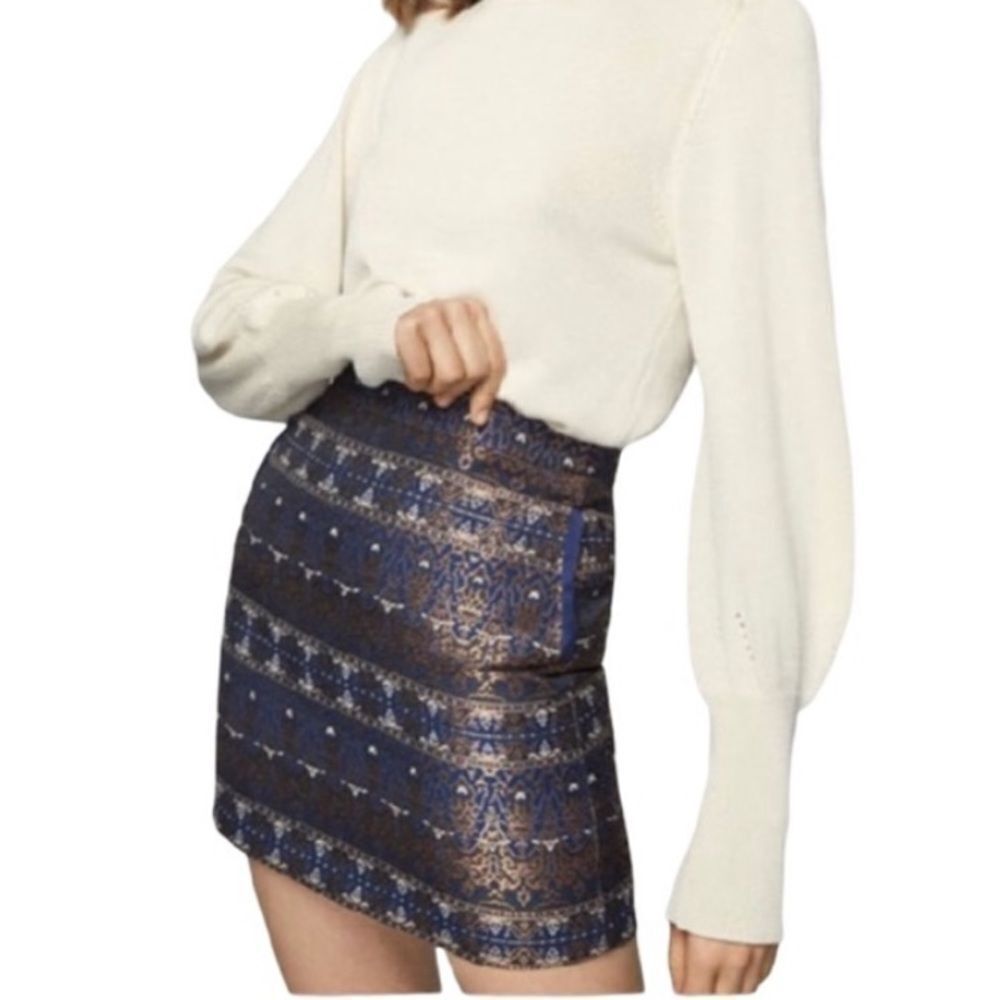 Massimo Dutti Mini Skirt Navy Blue Bronze Gold Jacquard New Size 2